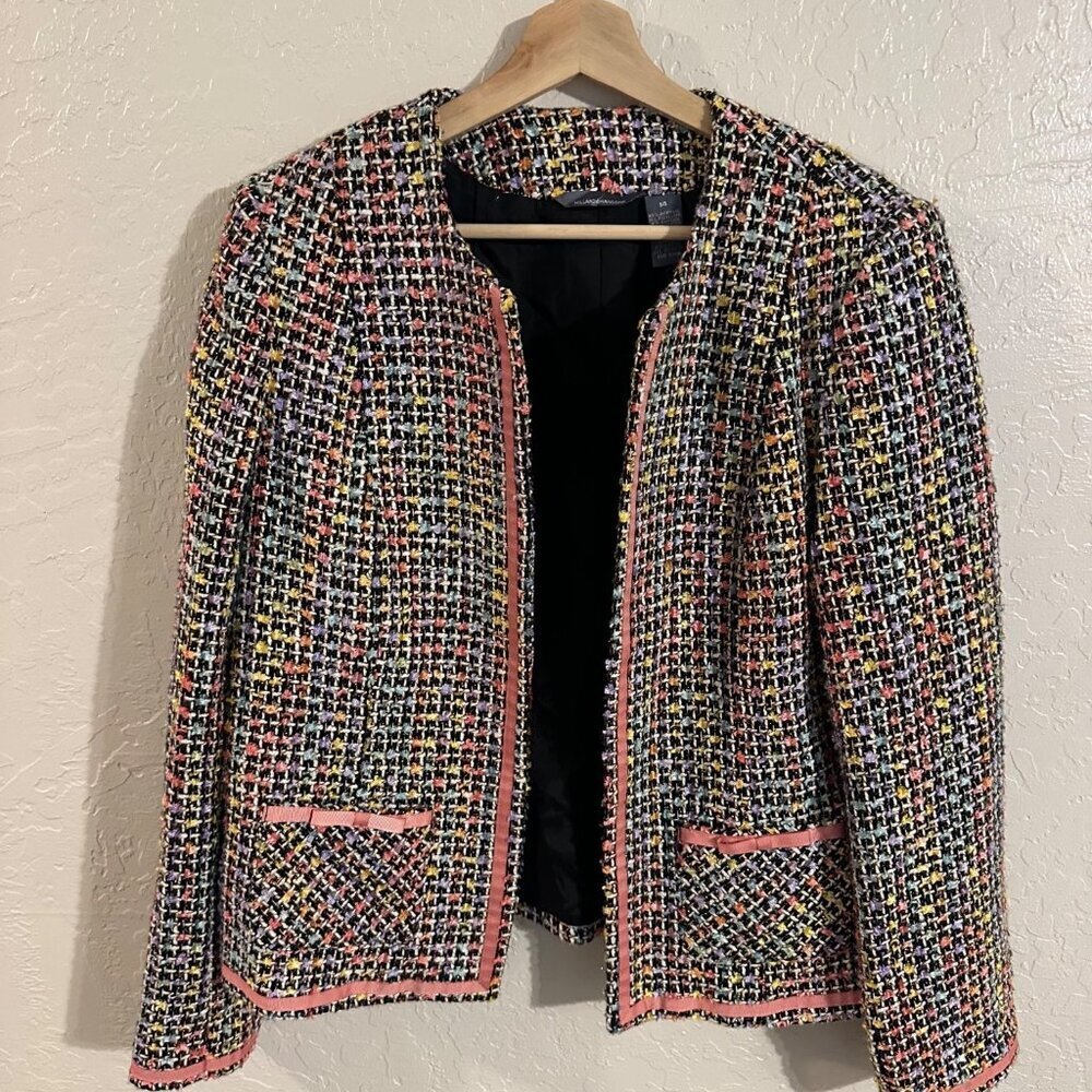 Y Hillard & Hanson Tweed Bow Accent Plus Size Pink Piped Pocketed Blazer